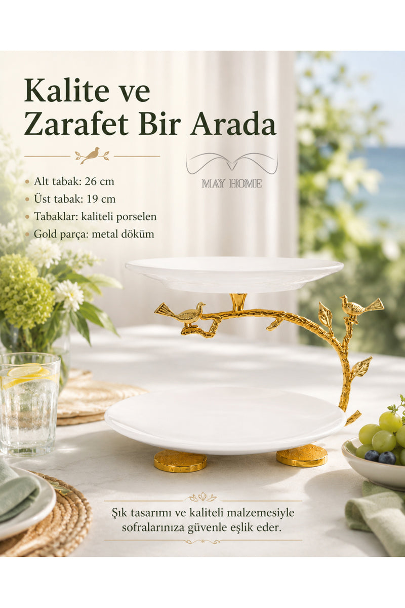Porselen Lüks Sunum Tabağı Gold 2 Katlı & Kurabiyelik Meyve Yemek Servisliği