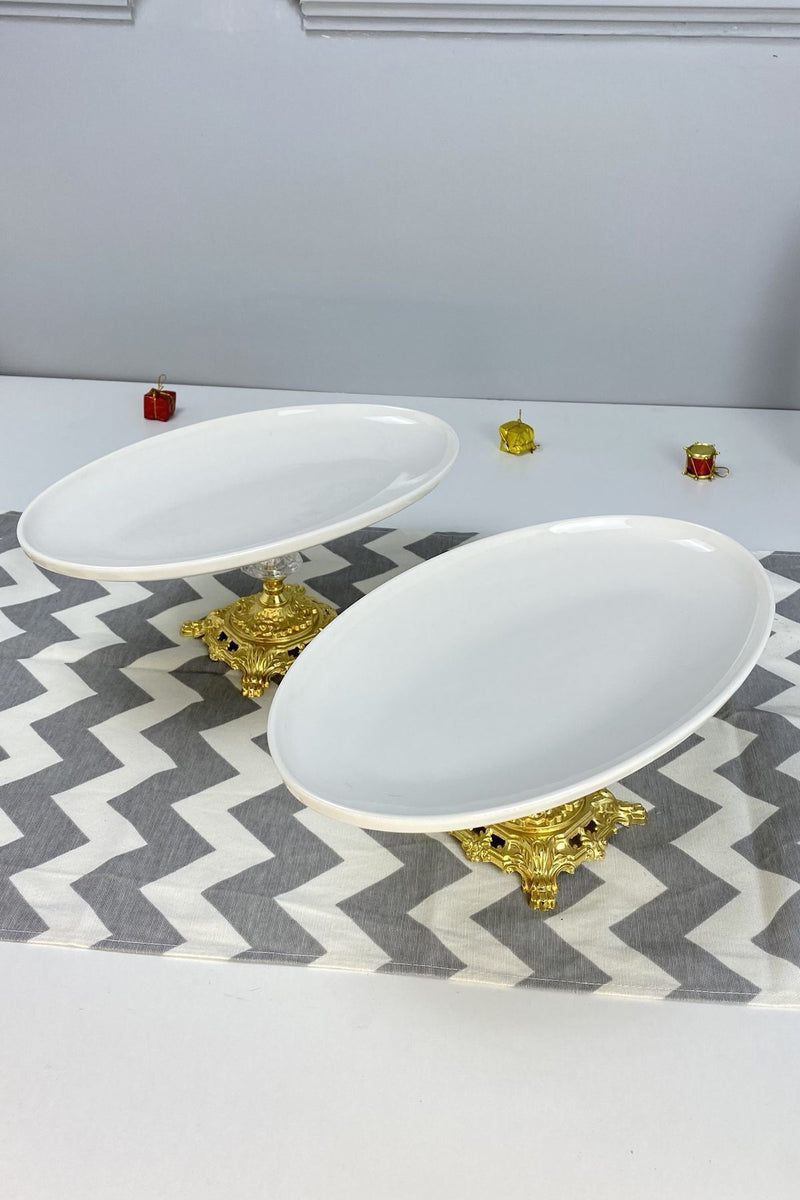 2'li Porselen Gold Ayaklı Oval Tabak & Sunum Servis Tabağı