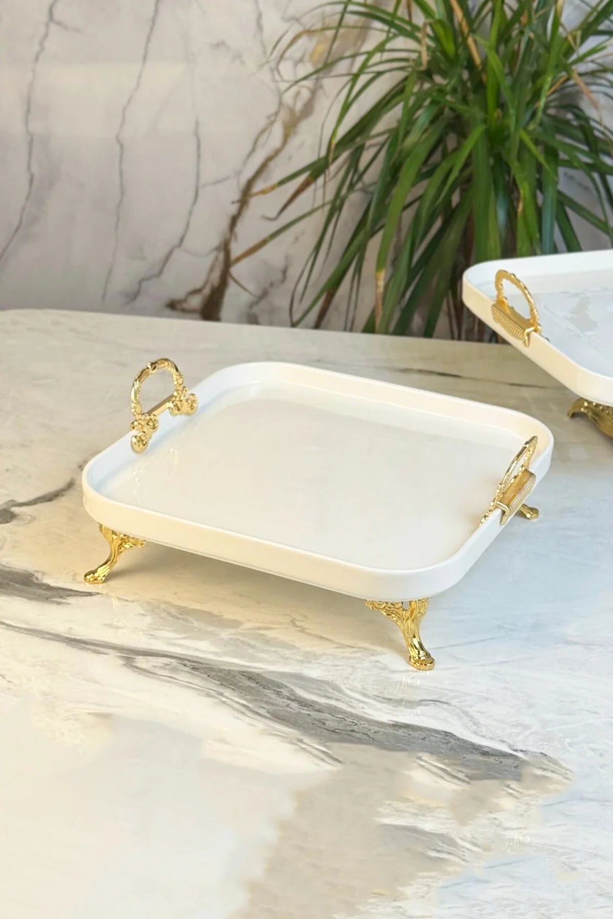 2'Li Ayaklı Kare Porselen Sunum Tabağı & Yemek Meze Salata Servisliği