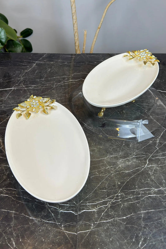 Bron 2'li Oval Porselen Sunumluk Tabak & Ayaklı Tabak