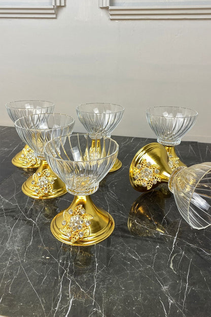 6'Lı Metal Gold Ayaklı Cam Magnolia İkramlık Çerezlik Kase