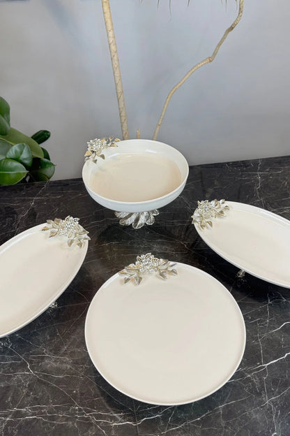 4 Parça Bron Gümüş Porselen Sofra Sunum Servis Seti & Yemek Tabağı Salata Kasesi Oval Meze Tabağı