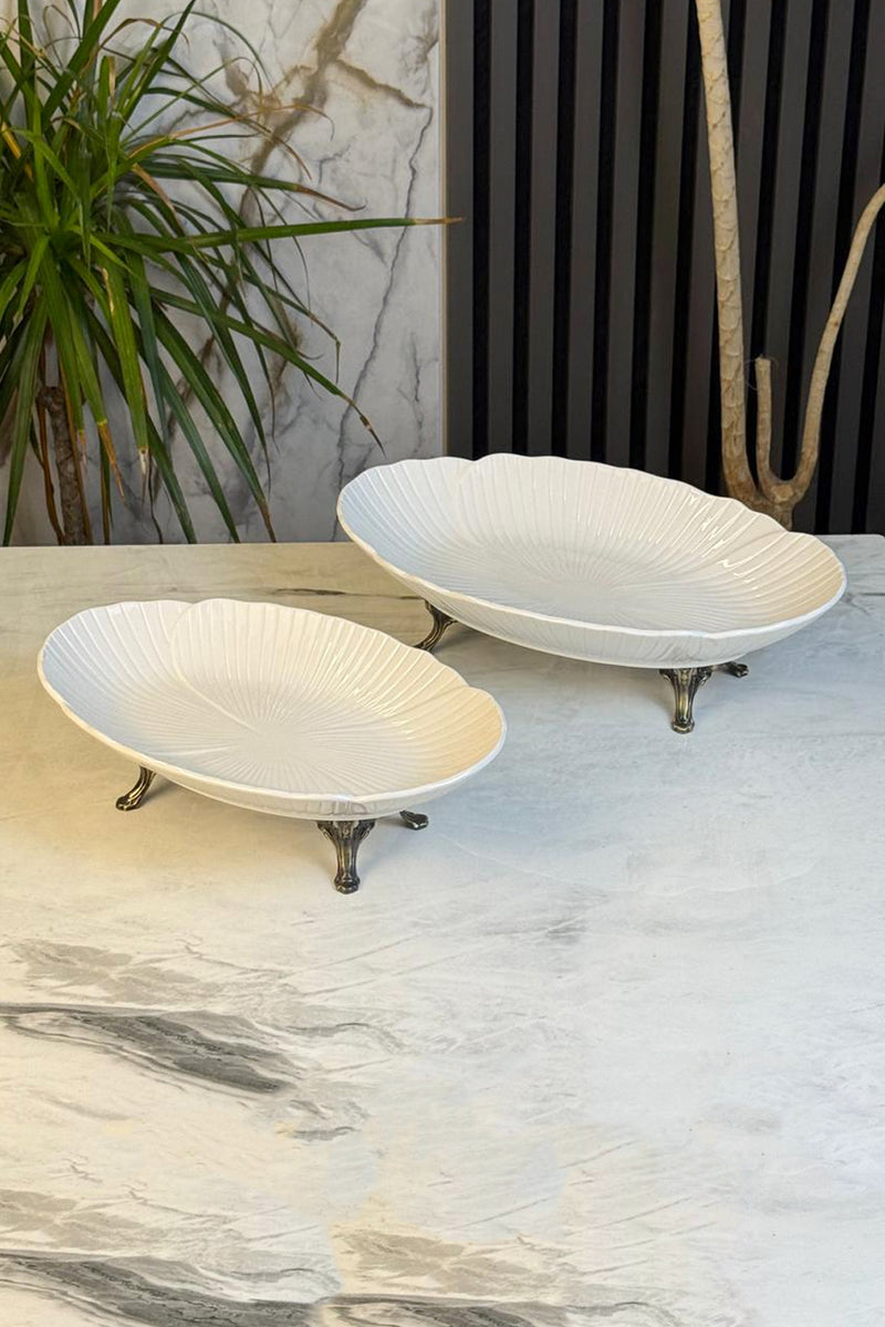 2'Li Porselen Kayık Sunum Tabağı & Metal Ayaklı Oval Meze Yemek İkramlık Servsiliği