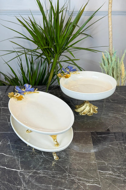 Blue Butterfly 3 Parça Porselen Sunum Servis Seti & Kand Ayak Salata Kase Oval Meze Tabağı