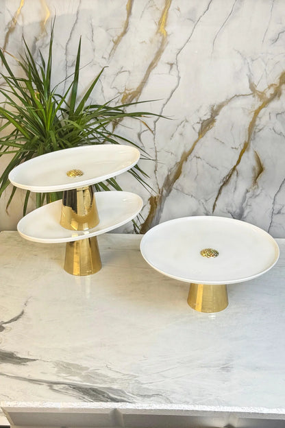 3'Lü Porselen Gold Ayaklı Tabak Kayık Seti & Salata Kek Kurabiye Sunumluğu Servisliği ( Yıkanabilir)