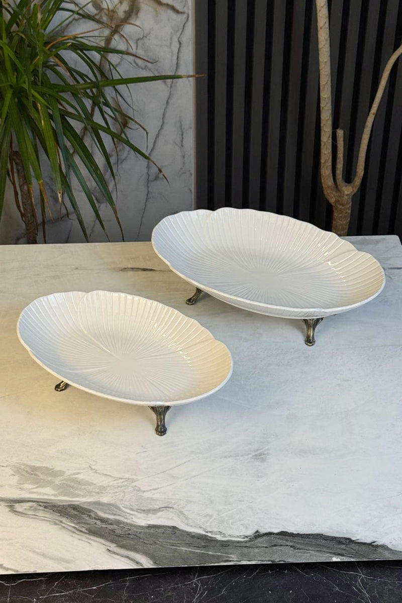 2'Li Porselen Kayık Sunum Tabağı & Metal Ayaklı Oval Meze Yemek İkramlık Servsiliği