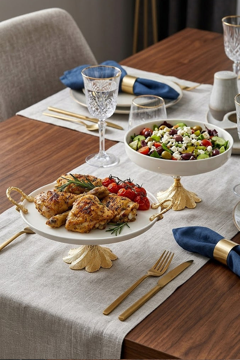 2'Li Porselen Kand Ayaklı Kulplu Sofra Sunum Tepsi Tabak Seti & Meze Yemek Tatlı Salata Sunumluğu