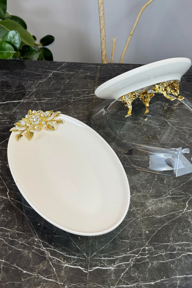 Bron 2'li Oval Porselen Sunumluk Tabak & Ayaklı Tabak