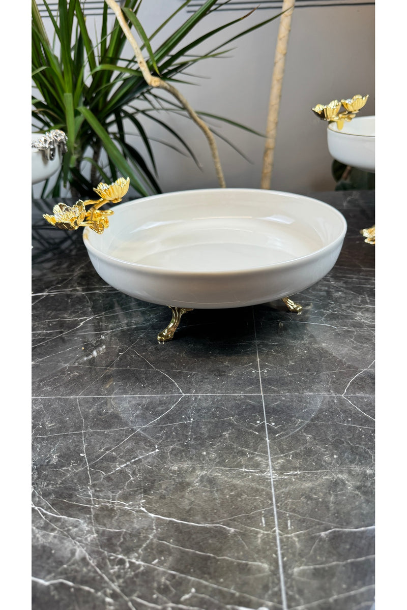 Gold Metal Ayaklı Salata Sunum Kasesi Tabağı & Çift Çiçek Model
