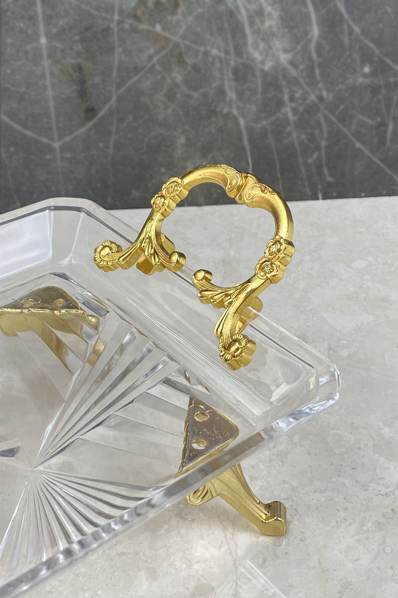 Lüks Gold Kulplu Cam Sunumluk Tepsi & Madlen Cam Sunumluk Servislik Tabak Nişan Tepsisi