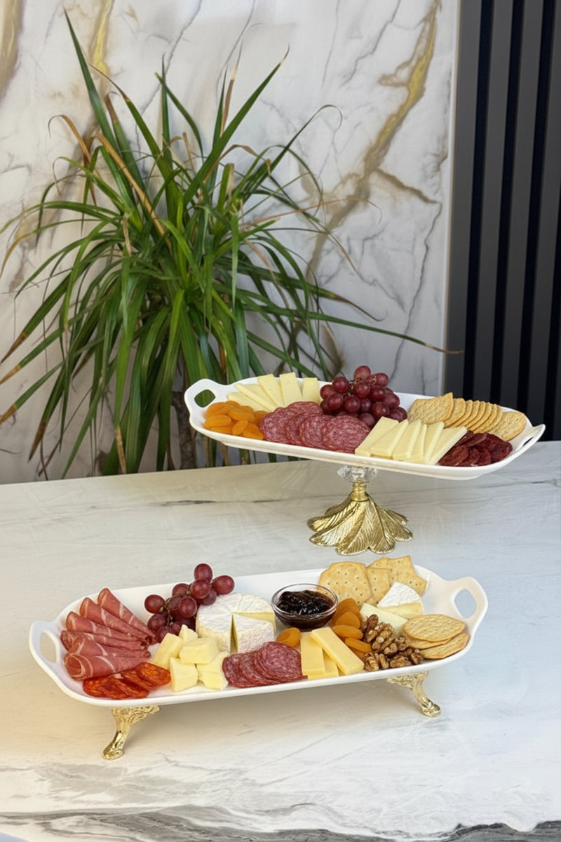 2'Li Ayaklı Porselen Kayık Sunum Tabağı & Kulplu Meze Yemek Servisliği