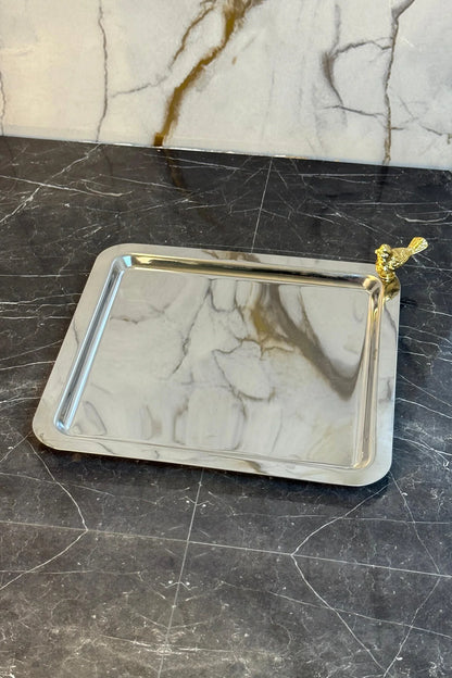 Gümüş Kuş detaylı Kare Tepsi