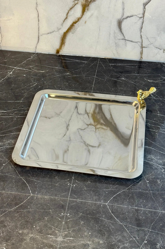 Gümüş Kuş detaylı Kare Tepsi