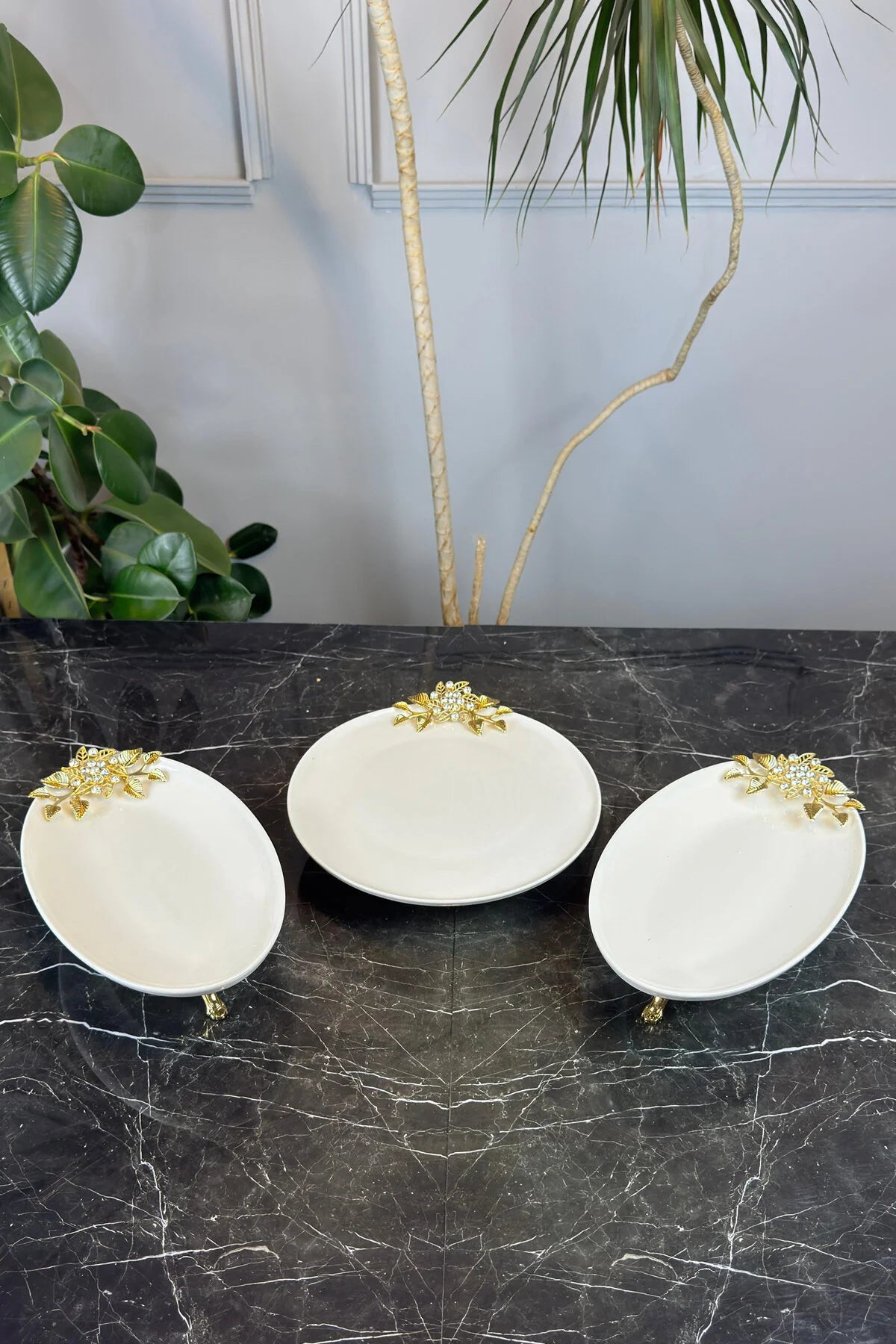 3 Parça Bron Gold Porselen Sofra Sunum Servis Seti & Yemek Tabağı Oval Meze Tabağı
