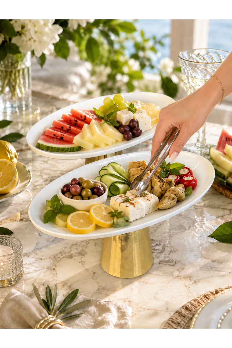 2'Li Porselen Gold Metal Ayaklı Kayık Meze Tabağı & Oval Yemek Sunumluk Servisliği ( Yıkanabilir)