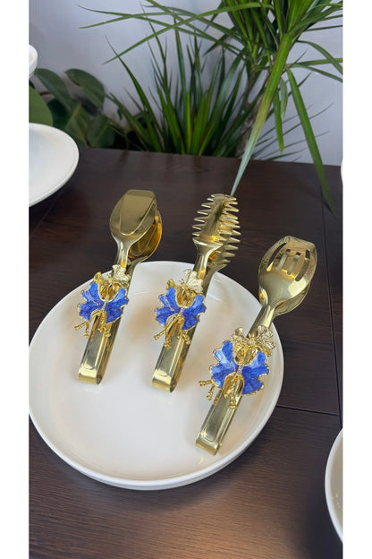 3’Lü Gold Maşa Servis Seti Blue Butterfly