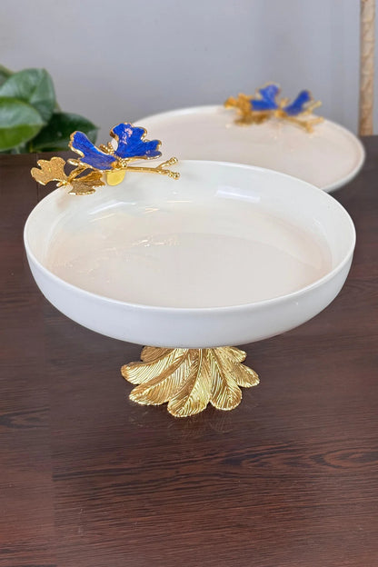 5 Parça Blue Butterfly Kand Ayaklı Porselen Kase Oval Tabak Sunum Seti