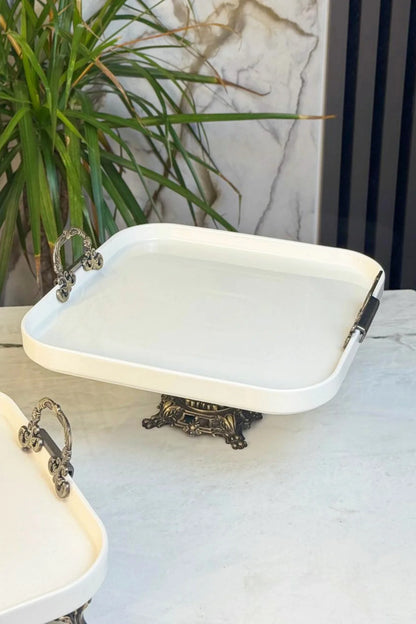 Antik Kare Ayaklı Porselen Sunum Tabağı & Kulplu Yemek Kurabiye Pasta Servisliği