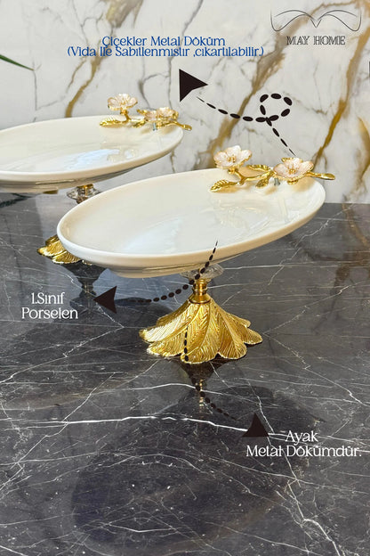 Laleza Kand Ayaklı 2'Li Oval Meze Sunum Tabağı & Porselen Kayık Tabak