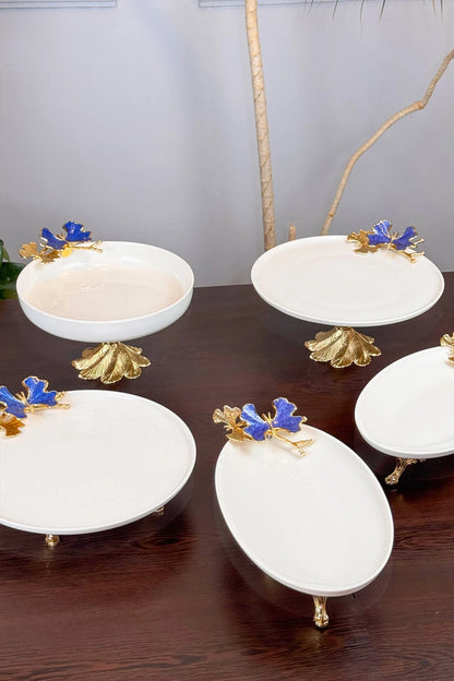 5 Parça Blue Butterfly Kand Ayaklı Porselen Kase Oval Tabak Sunum Seti