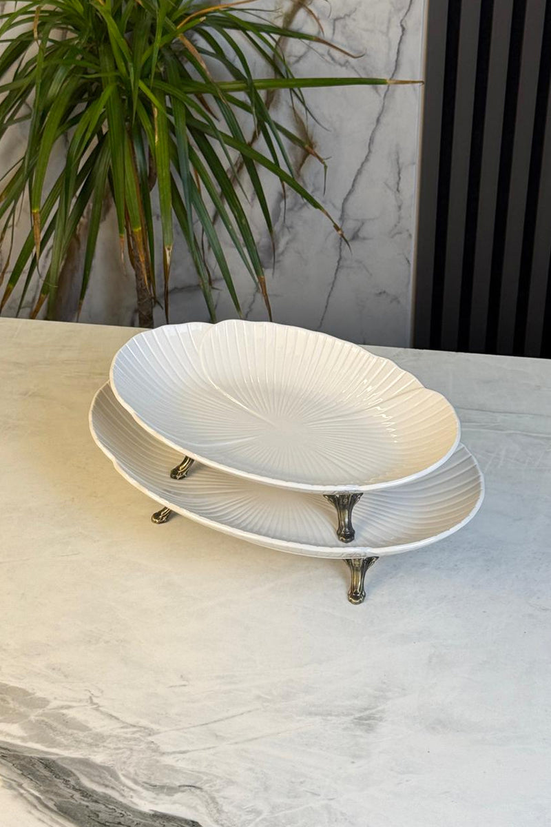 2'Li Porselen Kayık Sunum Tabağı & Metal Ayaklı Oval Meze Yemek İkramlık Servsiliği