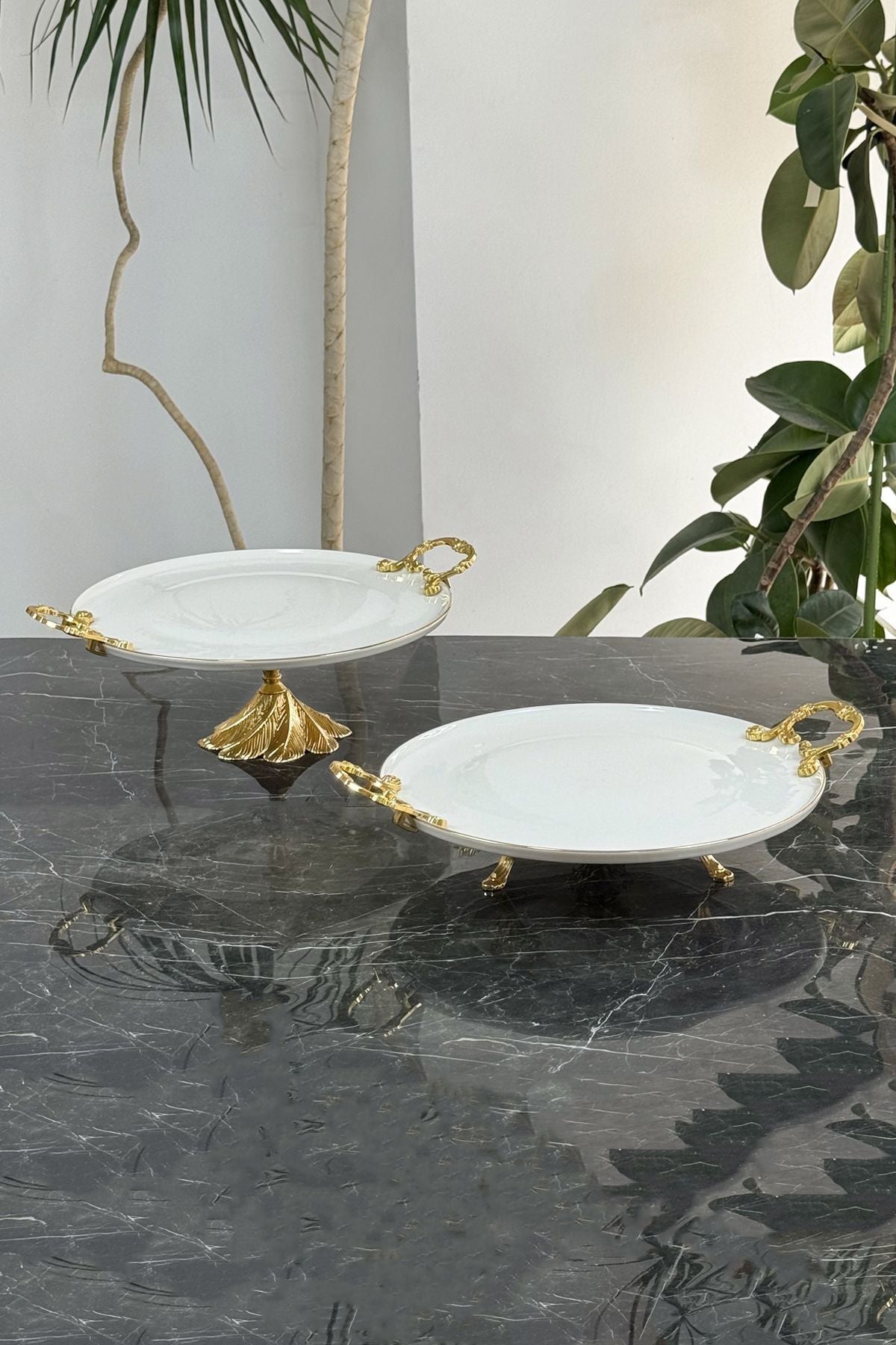 2'Li Metal Ayaklı Yaldızlı Porselen Sofra Sunum Seti (Nur Set)& Kek Pasta Yemek Servis Tabağı