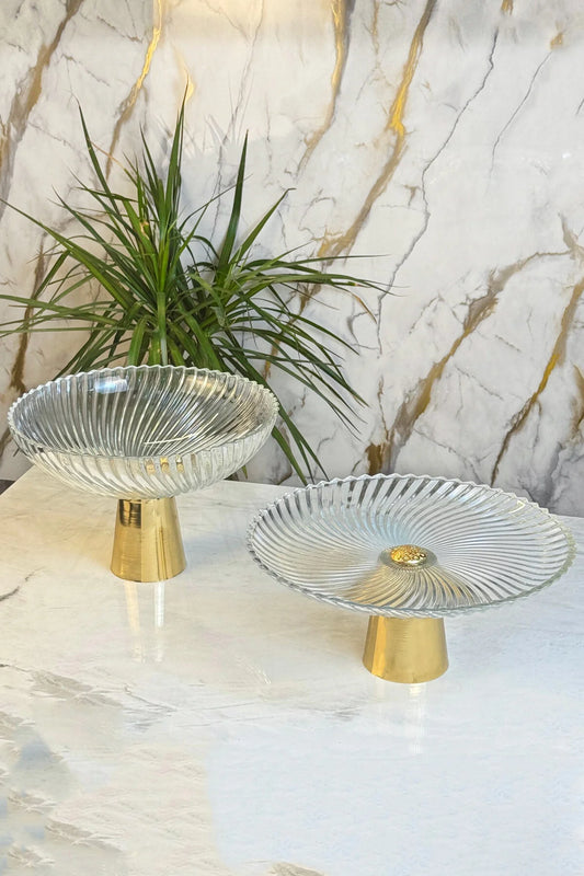 Gold Ayaklı Cam Kase Tabak Seti & Salata Meyve Pasta Kurabiye Kek Sunumluğu Servisliği