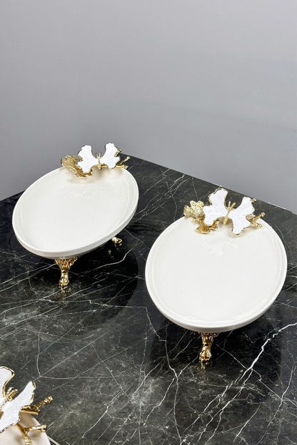 White Butterfly 2'Li Oval Sunumluk Mezelik Tabak & Gold Ayaklı Kayık Tabak