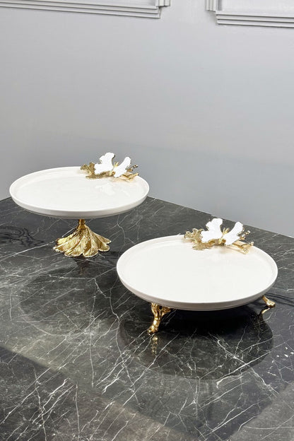 White Butterfly 2'Li Gold Ayaklı Porselen Tabak Seti