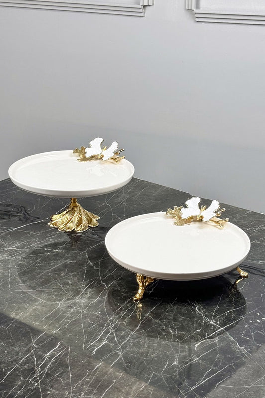 White Butterfly 2'Li Gold Ayaklı Porselen Tabak Seti