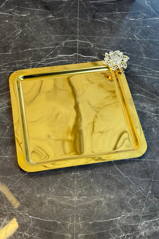 Gold Bron Detaylı Kare Tepsi