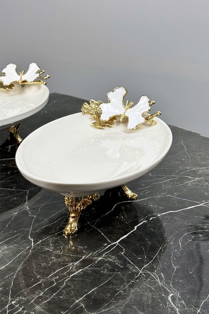 White Butterfly 2'Li Oval Sunumluk Mezelik Tabak & Gold Ayaklı Kayık Tabak