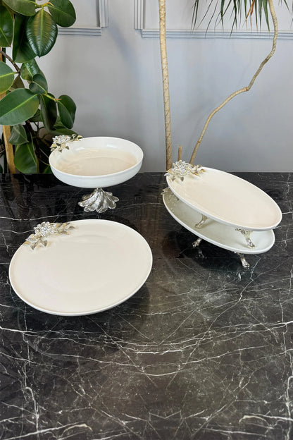 4 Parça Bron Gümüş Porselen Sofra Sunum Servis Seti & Yemek Tabağı Salata Kasesi Oval Meze Tabağı