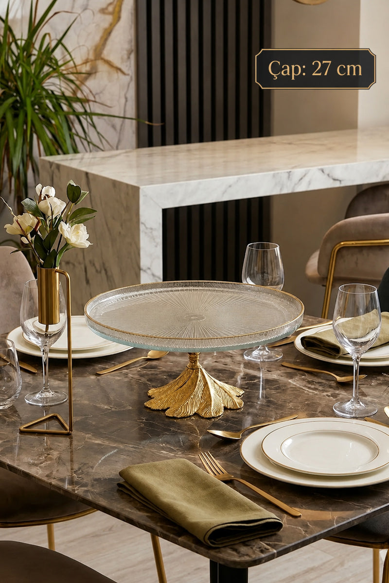 Gold Metal Ayaklı Sunumluk Servislik Cam Tabak & Kurabiye Pasta Tatlı Yemek Sunumluğu ( 26 CM)