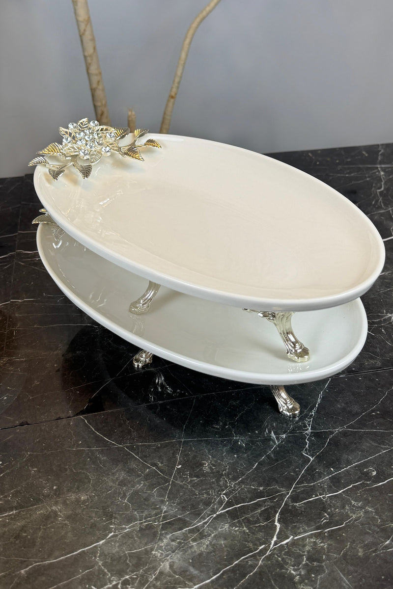 4 Parça Bron Gümüş Porselen Sofra Sunum Servis Seti & Yemek Tabağı Salata Kasesi Oval Meze Tabağı