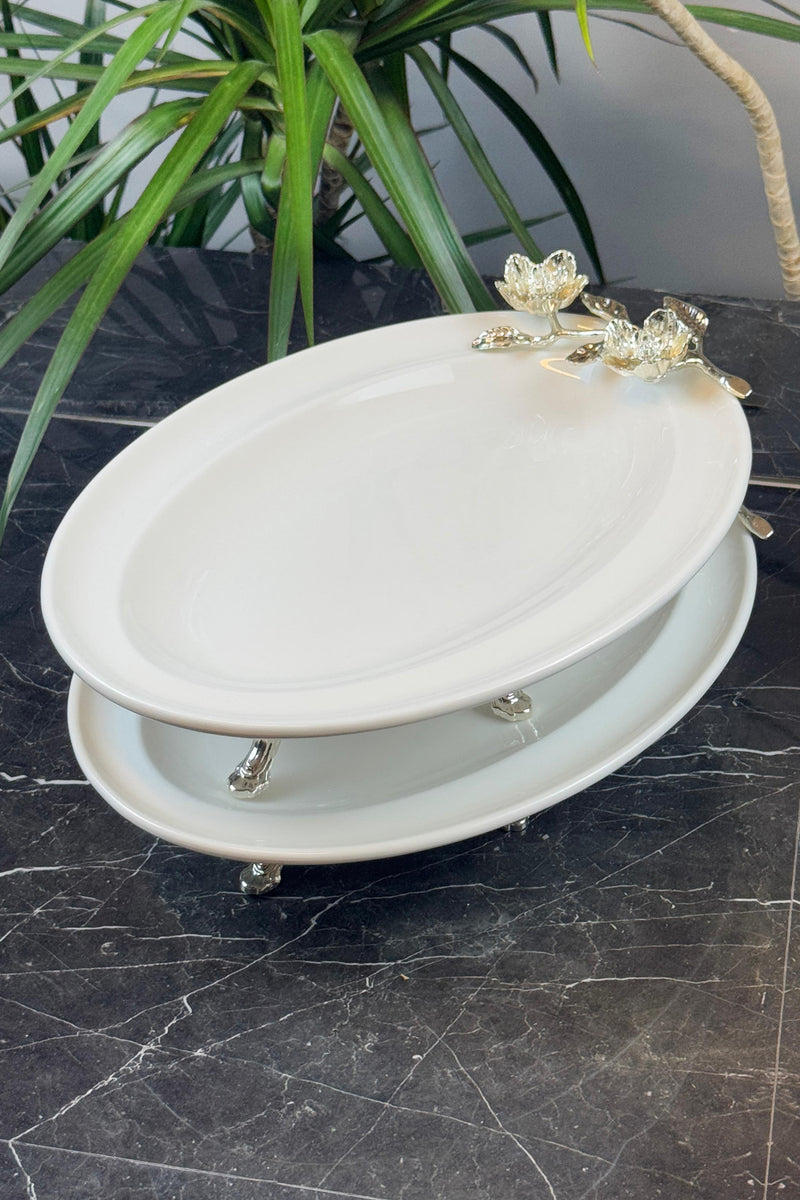 2'Li Firuze Metal Ayaklı Porselen Oval Meze Salata Tabağı