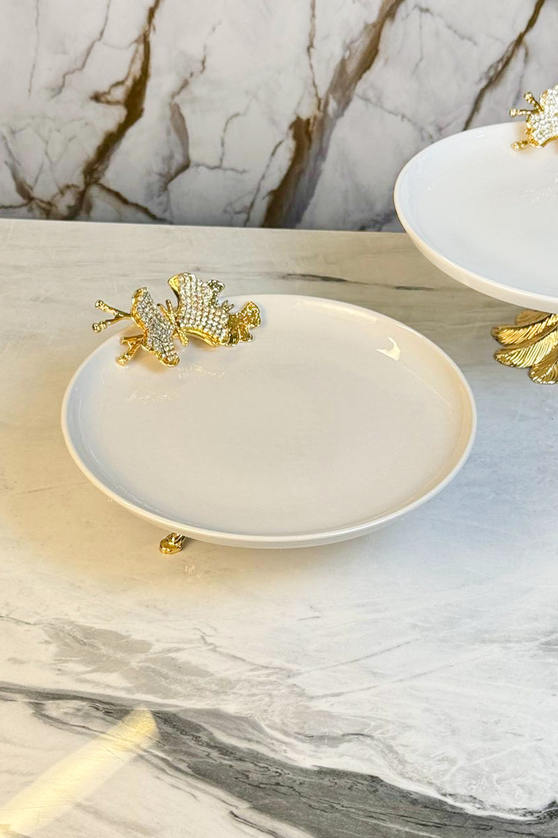 2'Li Porselen Gold Metal Ayaklı Sunumluk Servislik & Papatya Detaylı Kuabiyelik Pasta Standı