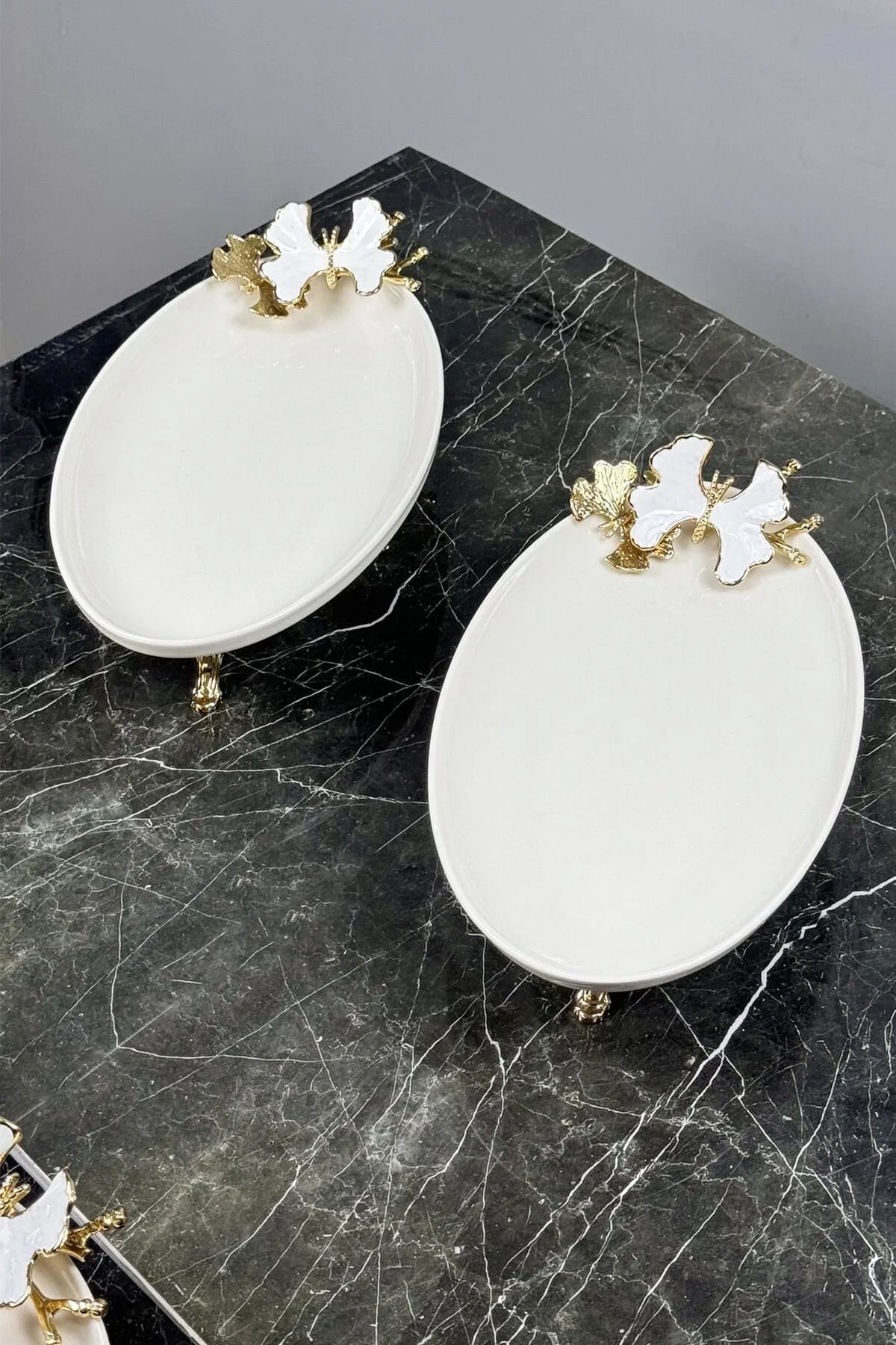 White Butterfly 3 Parça Porselen Sunum Servis Seti & Kand Ayak Salata Kase Oval Meze Tabağı