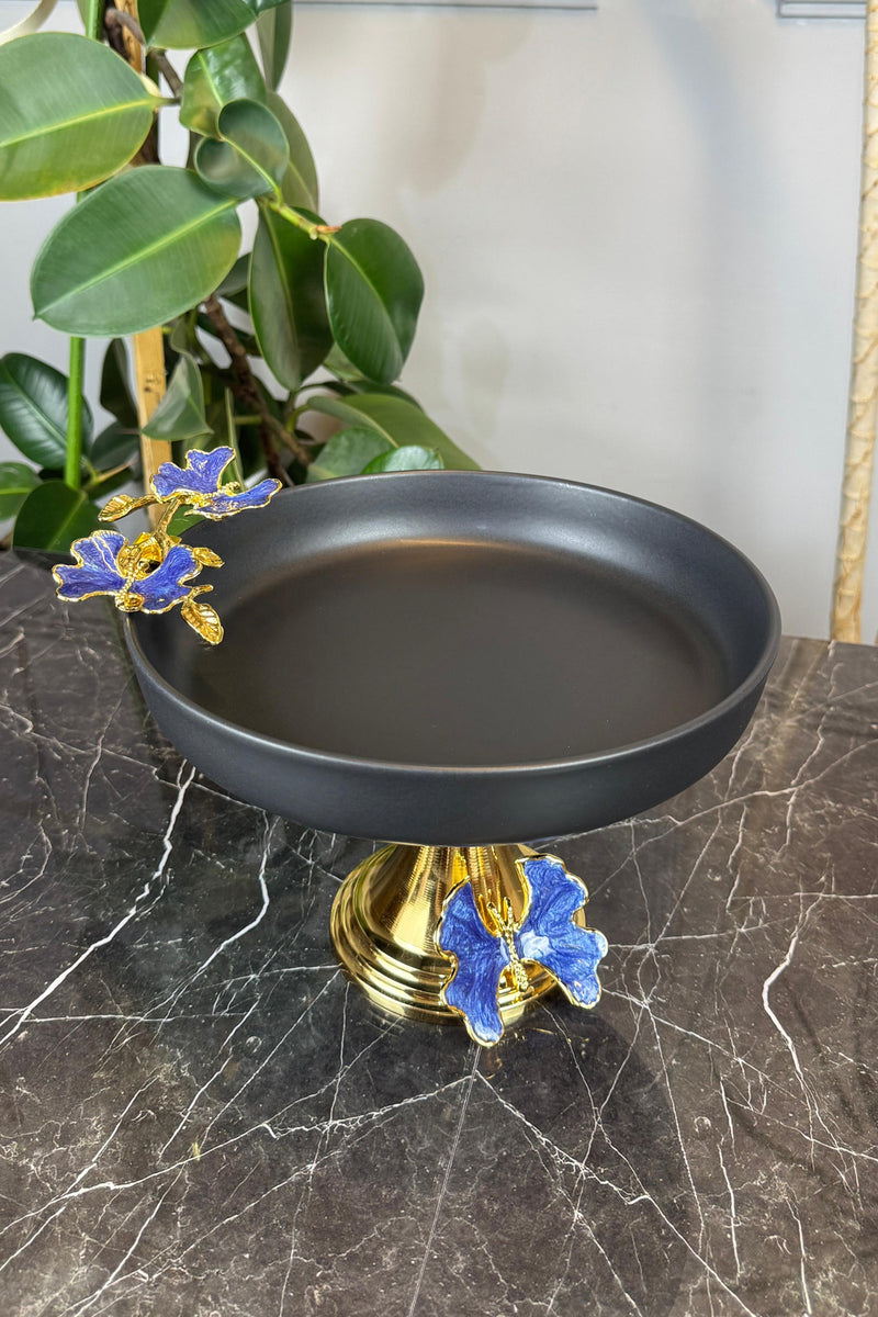 Porselen Metal Hun Ayaklı Blue Butterfly Detaylı Sunum Kasesi