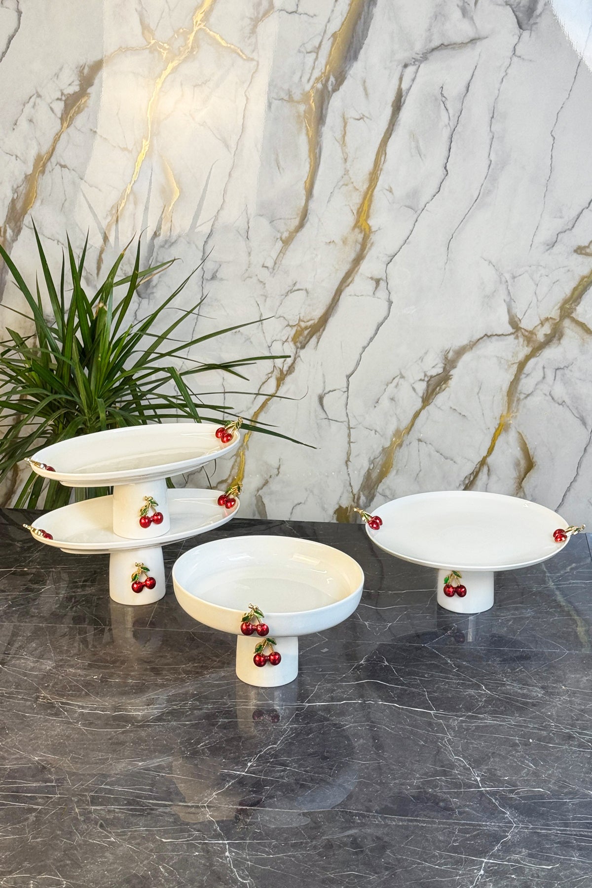 Kiraz Figürlü Porselen Ayaklı Sunum Tabağı & Pasta Kurabiye Meze Servis Standı