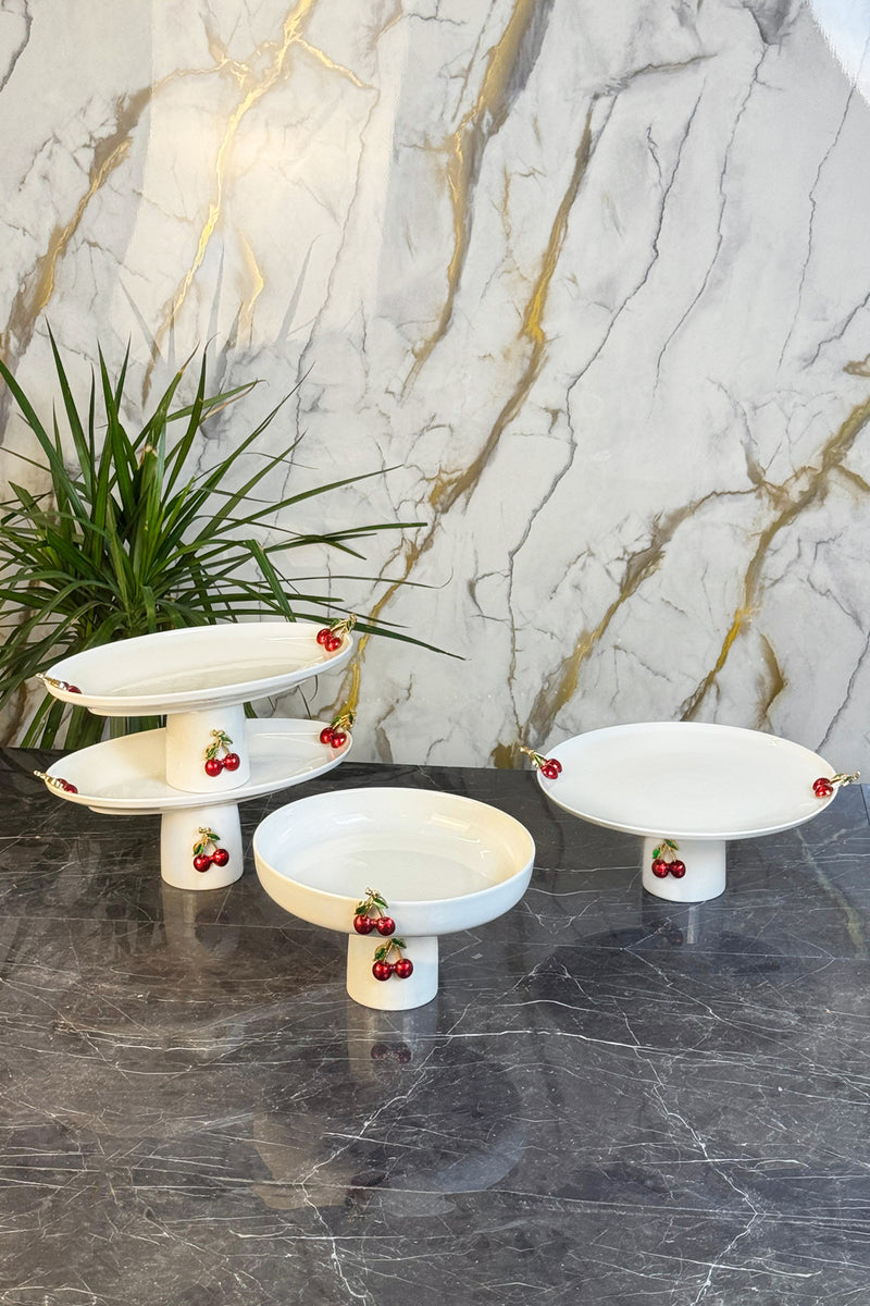 Kiraz Figürlü Porselen Ayaklı Sunum Tabağı & Pasta Kurabiye Meze Servis Standı