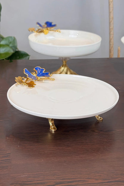 5 Parça Blue Butterfly Kand Ayaklı Porselen Kase Oval Tabak Sunum Seti