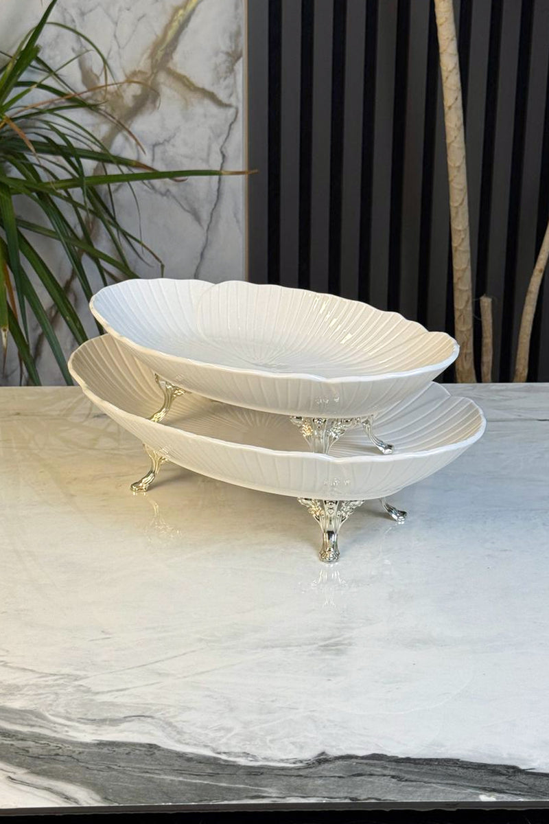 2'Li Porselen Kayık Sunum Tabağı & Metal Ayaklı Oval Meze Yemek İkramlık Servsiliği