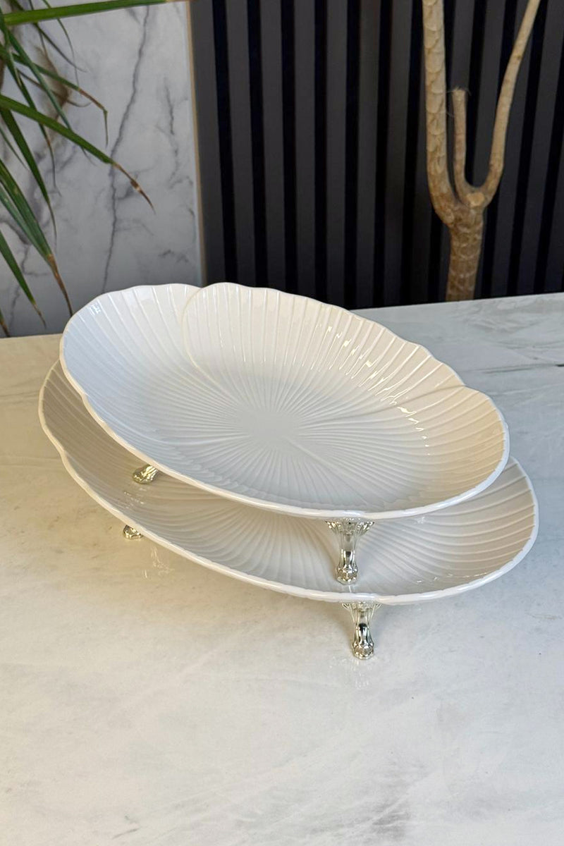 2'Li Porselen Kayık Sunum Tabağı & Metal Ayaklı Oval Meze Yemek İkramlık Servsiliği