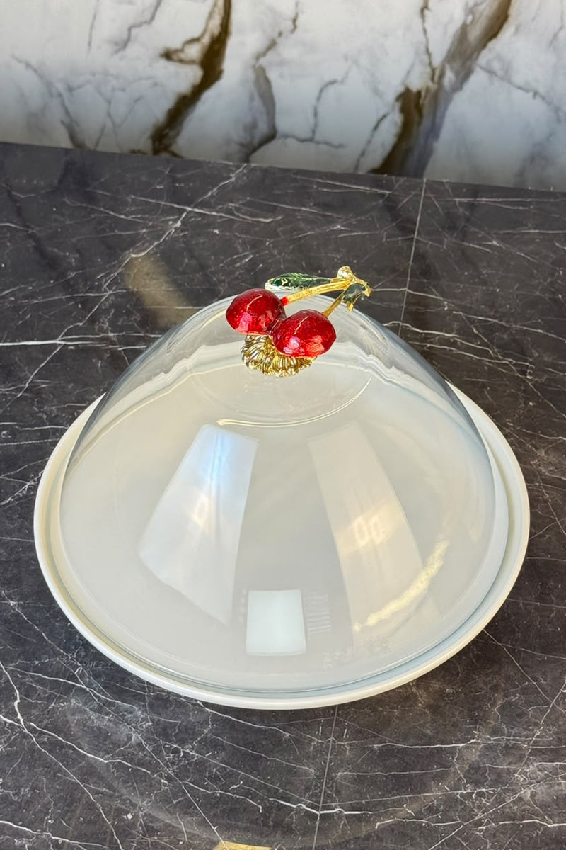 Cam Kapaklı Porselen Tabaklı Ayaklı Kek Pasta Fanusu Kiraz Detaylı