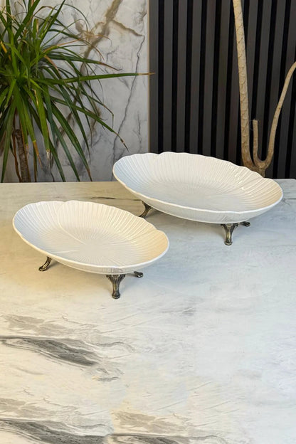 2'Li Porselen Kayık Sunum Tabağı & Metal Ayaklı Oval Meze Yemek İkramlık Servsiliği