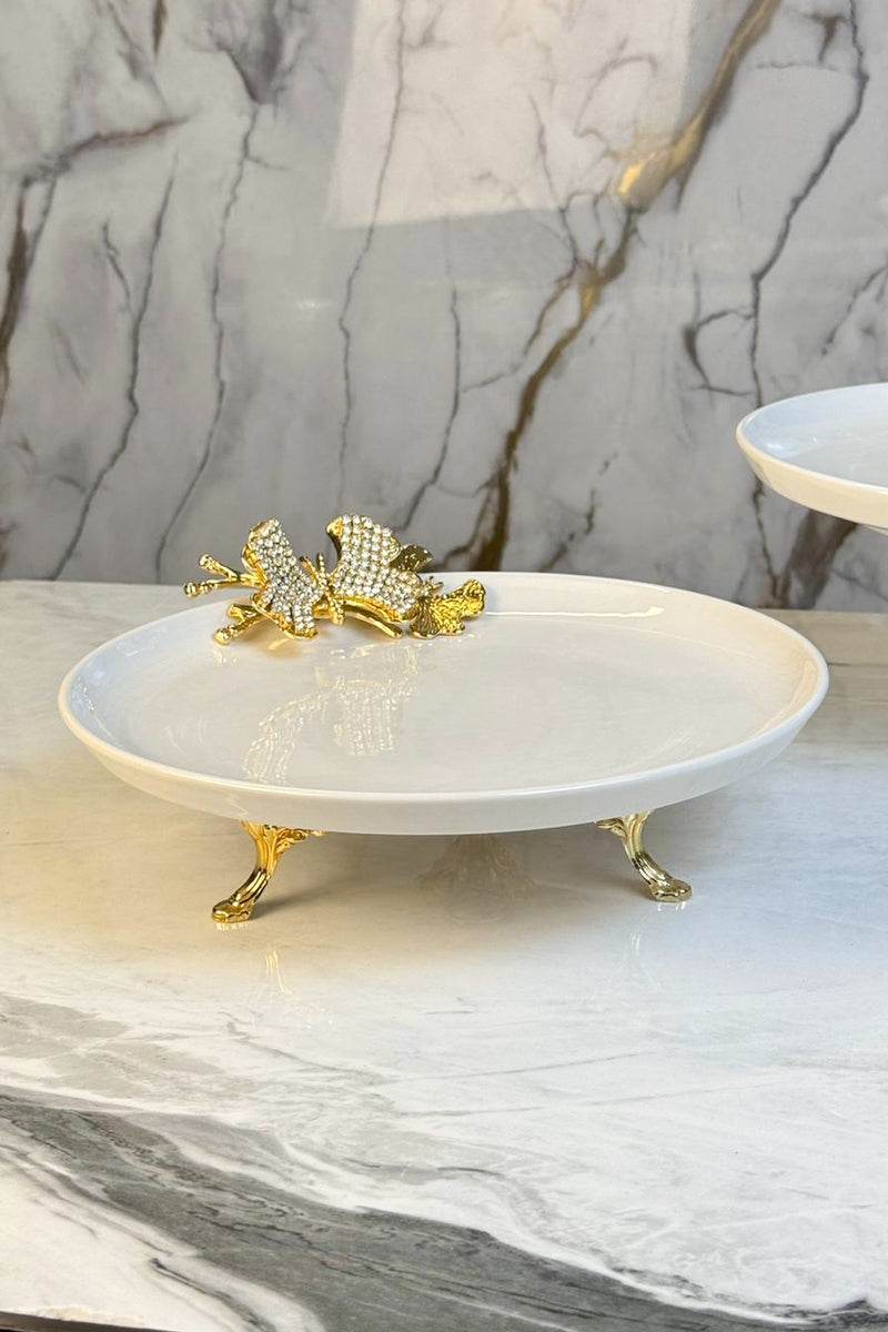 2'Li Porselen Gold Metal Ayaklı Sunumluk Servislik & Papatya Detaylı Kuabiyelik Pasta Standı
