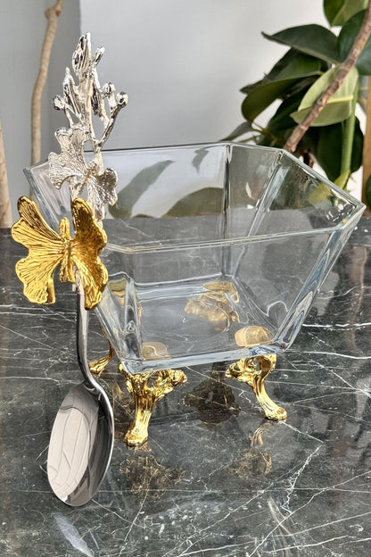 Karen Cam Gold Derin Kase Makarna & Meyve Ayaklı Sunumluk (Kelebek Kaşık )