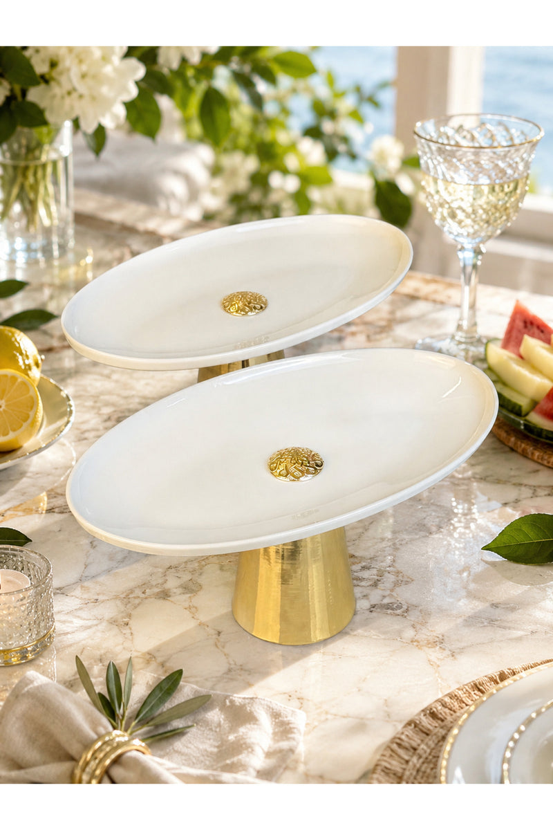 2'Li Porselen Gold Metal Ayaklı Kayık Meze Tabağı & Oval Yemek Sunumluk Servisliği ( Yıkanabilir)