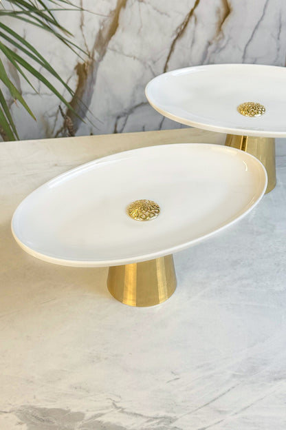 2'Li Porselen Gold Metal Ayaklı Kayık Meze Tabağı & Oval Yemek Sunumluk Servisliği ( Yıkanabilir)
